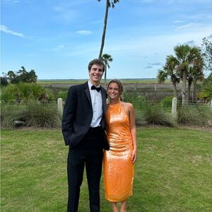 Caroline constas Orange Sequin Halter Dress